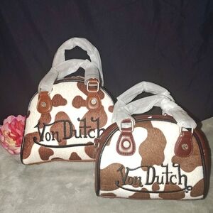 Von Dutch Brown and White Cow Print Bowling Bag Set